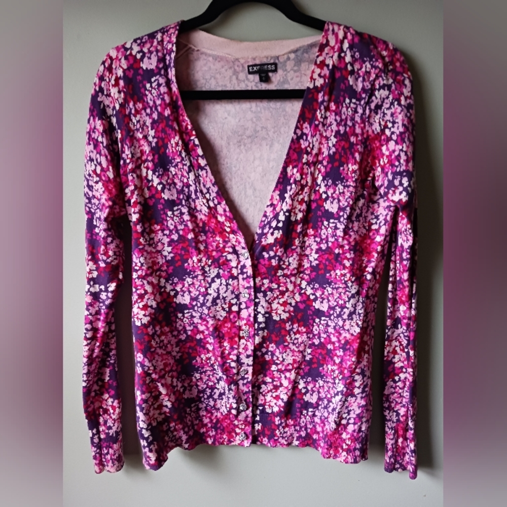 Express Floral Cardigan Sweater with Crystal Buttons